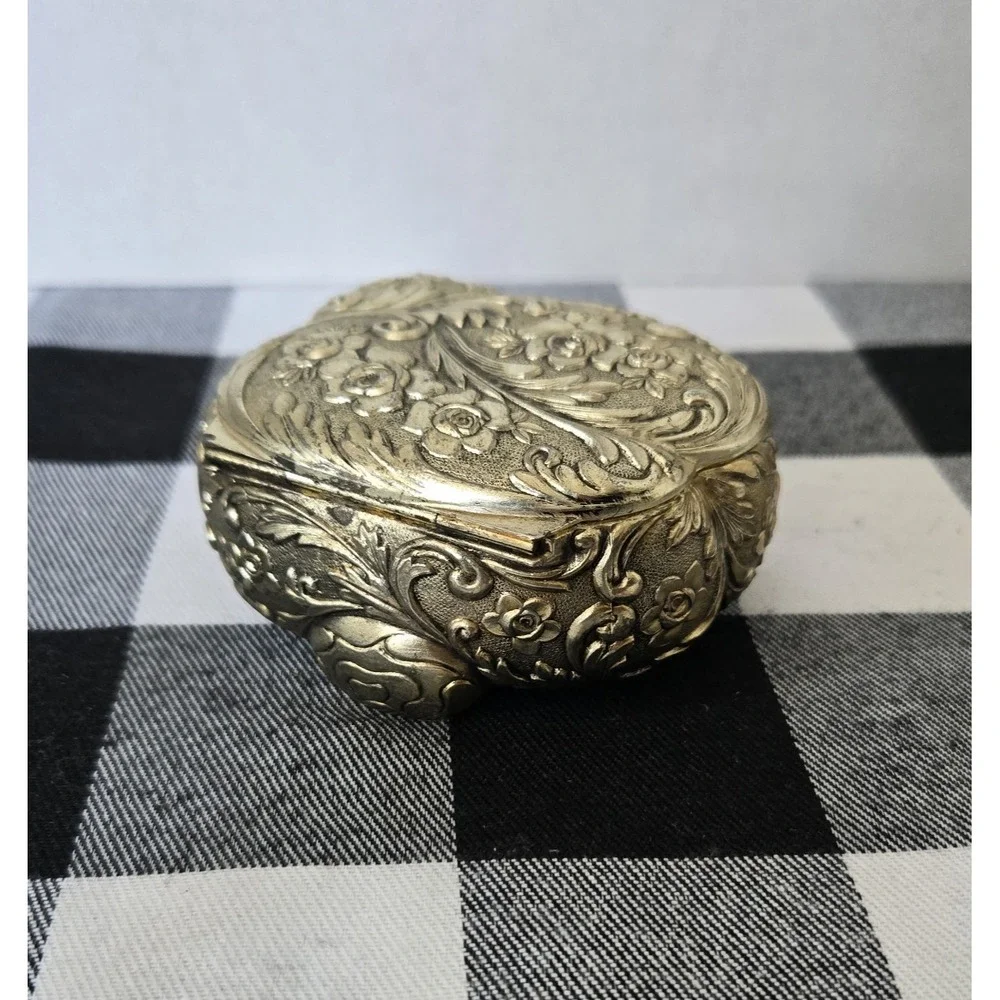 Silver Tone Hinged Trinket Jewelry Box Red Felt Lined Rose Pattern Made in Japan
